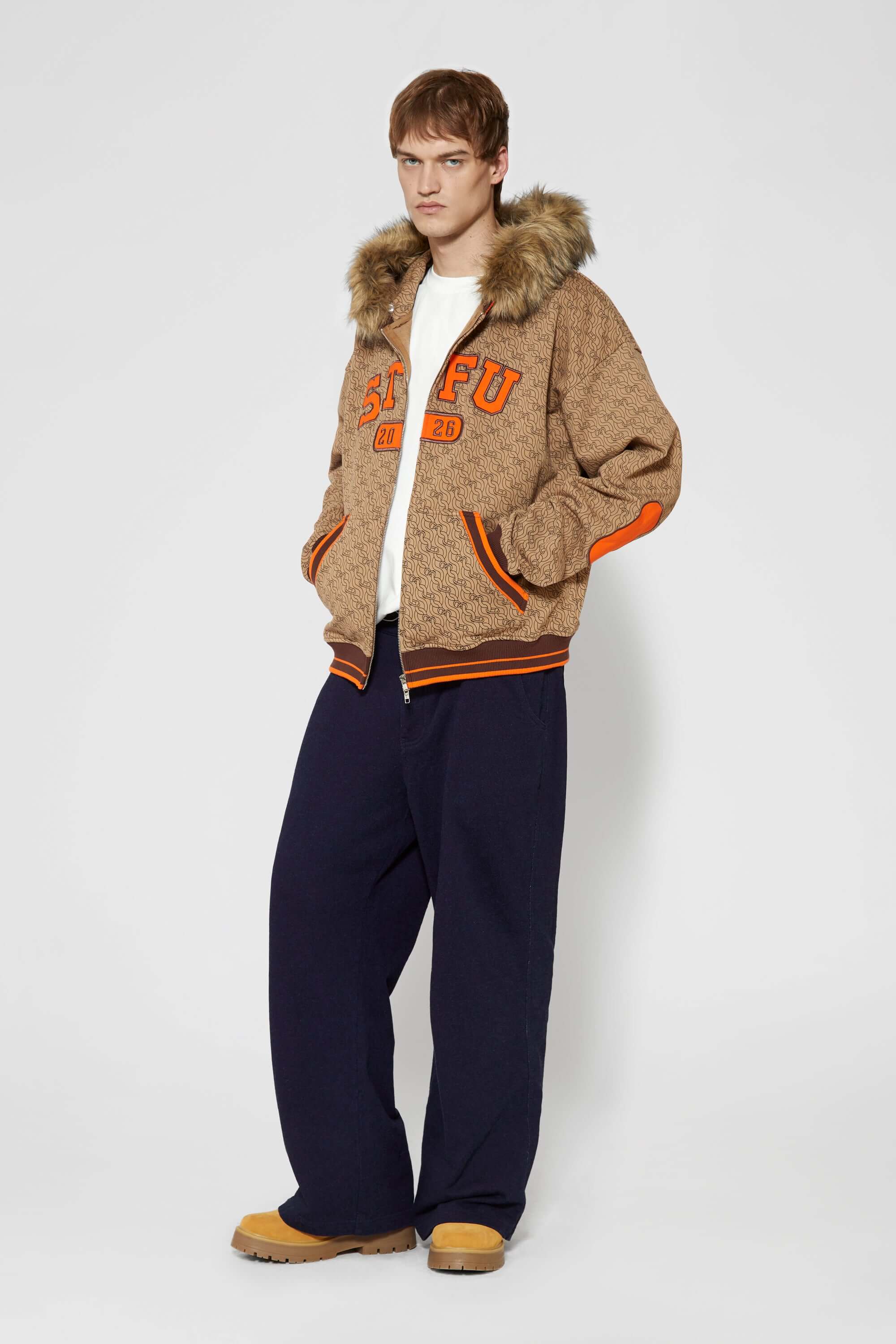 Zip-up hoodie with S-shaped chain print, 3D embroidered 'STFU 2026' lettering, and detachable faux fur hood trim