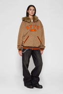 Zip-up hoodie with S-shaped chain print, 3D embroidered 'STFU 2026' lettering, and detachable faux fur hood trim