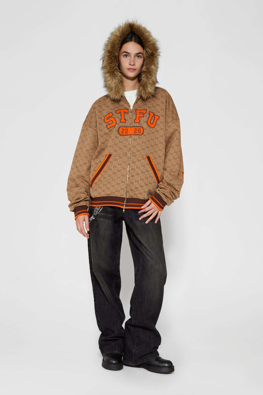 Zip-up hoodie with S-shaped chain print, 3D embroidered 'STFU 2026' lettering, and detachable faux fur hood trim