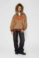 Zip-up hoodie with S-shaped chain print, 3D embroidered 'STFU 2026' lettering, and detachable faux fur hood trim