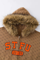 Zip-up hoodie with S-shaped chain print, 3D embroidered 'STFU 2026' lettering, and detachable faux fur hood trim
