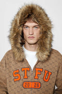 Zip-up hoodie with S-shaped chain print, 3D embroidered 'STFU 2026' lettering, and detachable faux fur hood trim