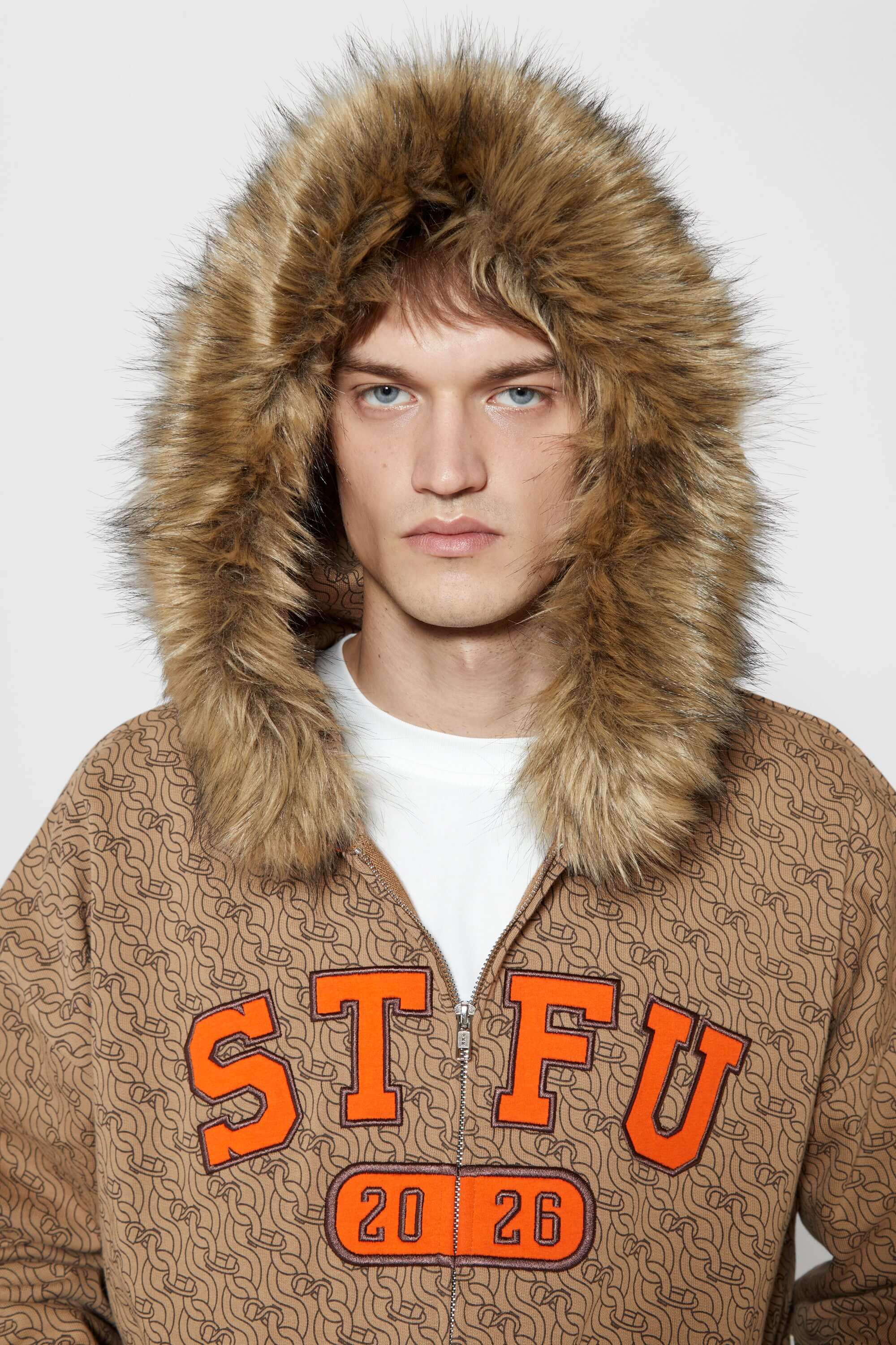 Zip-up hoodie with S-shaped chain print, 3D embroidered 'STFU 2026' lettering, and detachable faux fur hood trim