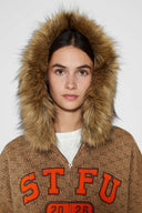 Zip-up hoodie with S-shaped chain print, 3D embroidered 'STFU 2026' lettering, and detachable faux fur hood trim
