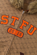Zip-up hoodie with S-shaped chain print, 3D embroidered 'STFU 2026' lettering, and detachable faux fur hood trim