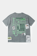 Hand-sewn grey t-shirt with Spanish telephone booth design featuring screen print, silicone print, jacquards, and vinyl details