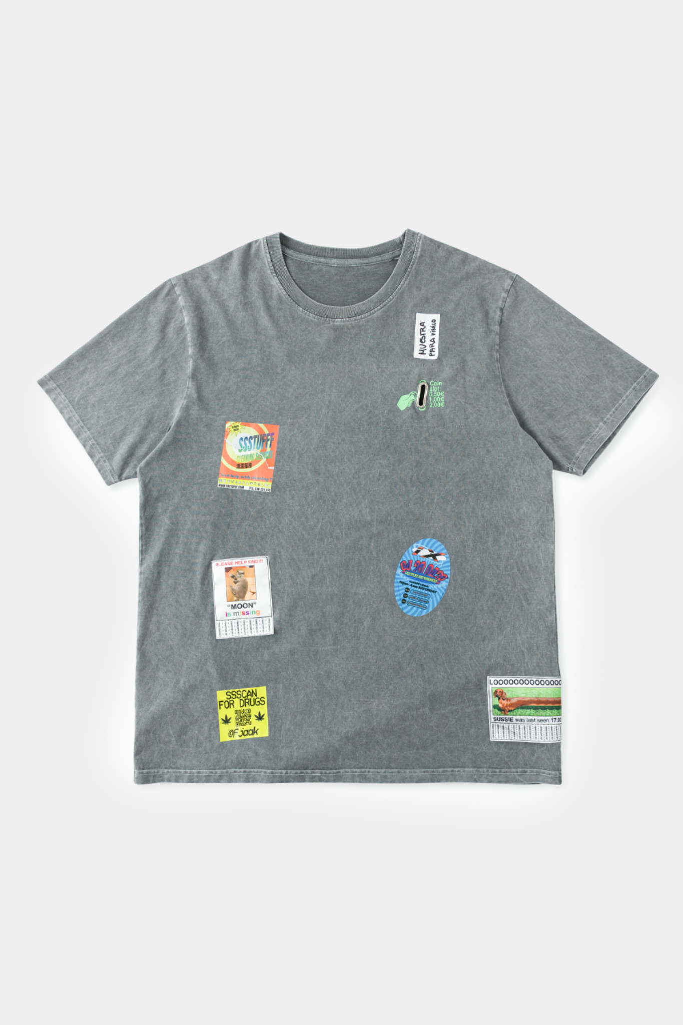 Hand-sewn grey t-shirt with Spanish telephone booth design featuring screen print, silicone print, jacquards, and vinyl details
