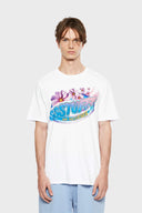 White t-shirt with retro car air freshener design and scratch-and-sniff lavender scent