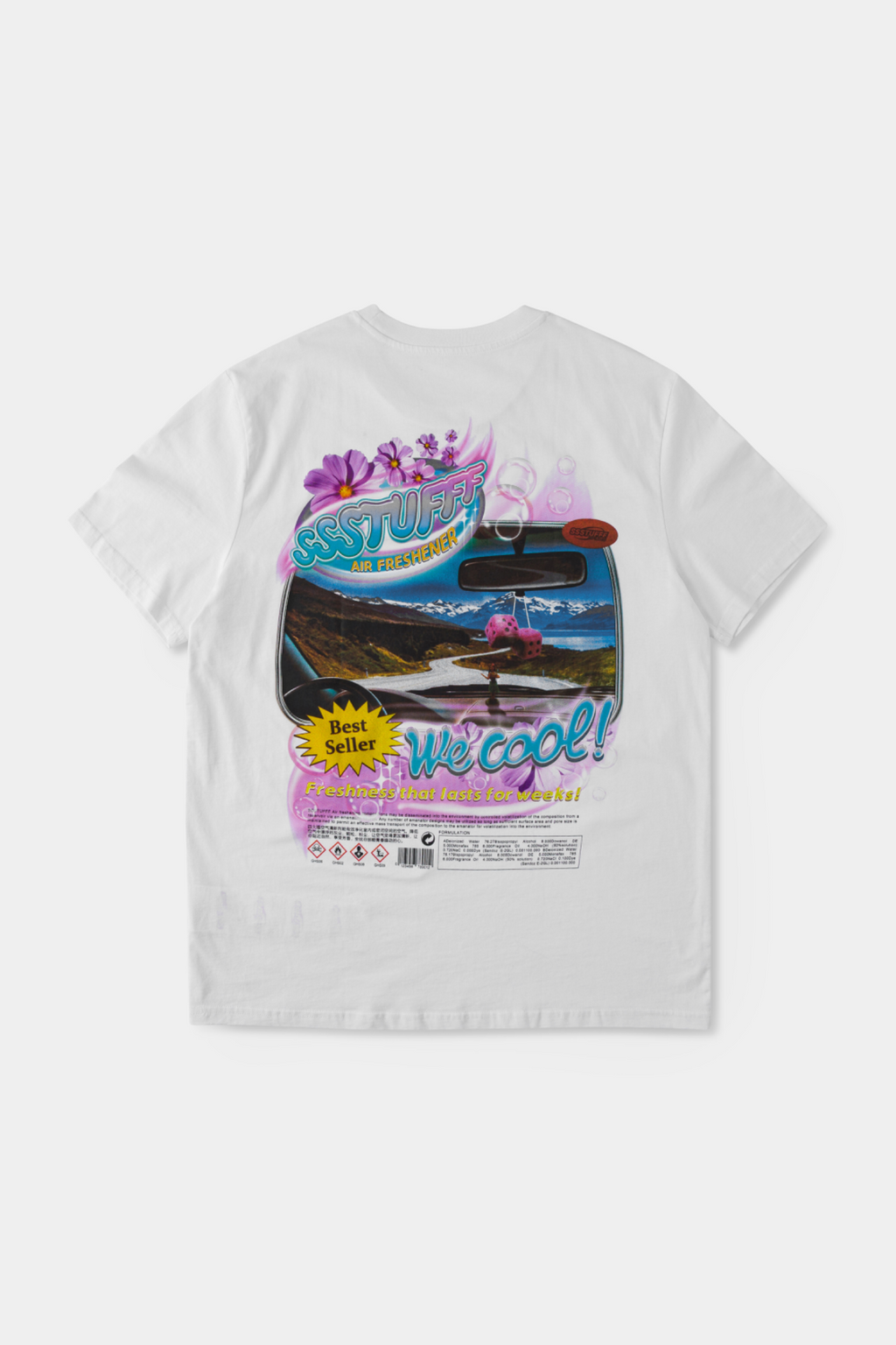 White t-shirt with retro car air freshener design and scratch-and-sniff lavender scent
