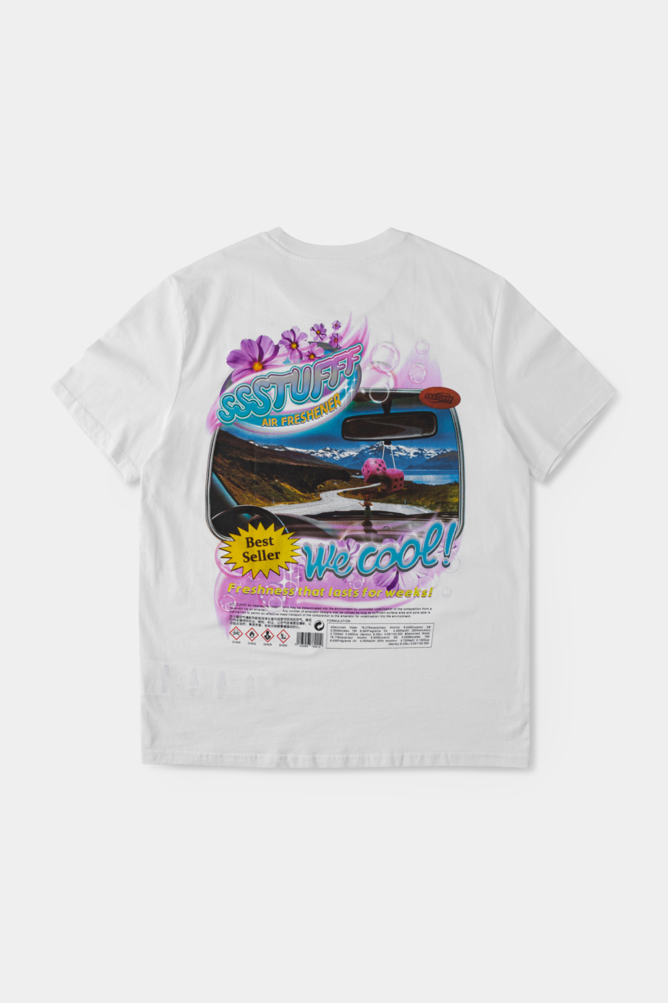 White t-shirt with retro car air freshener design and scratch-and-sniff lavender scent
