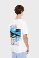 White t-shirt with retro car air freshener design and scratch-and-sniff lavender scent