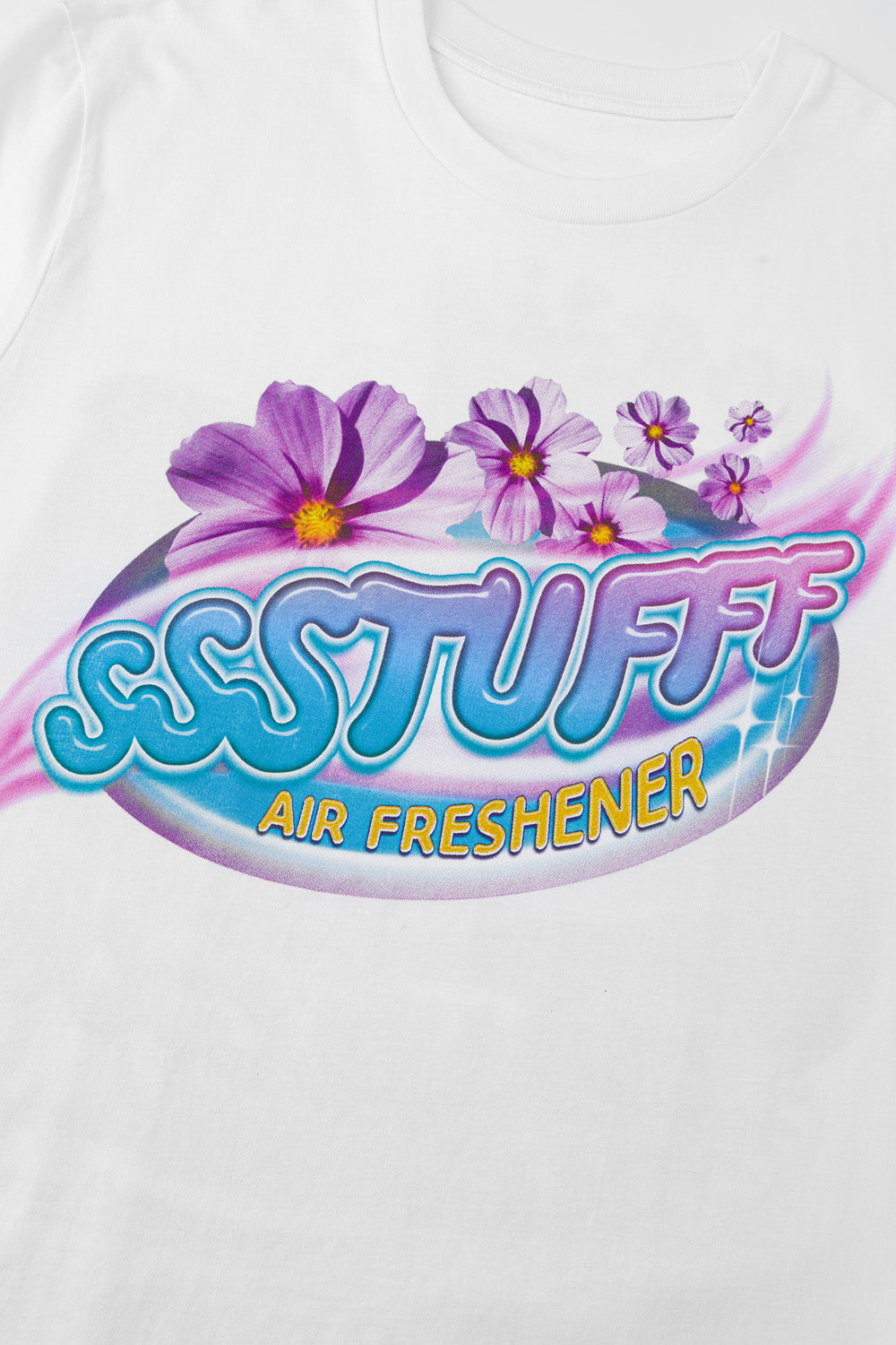 White t-shirt with retro car air freshener design and scratch-and-sniff lavender scent