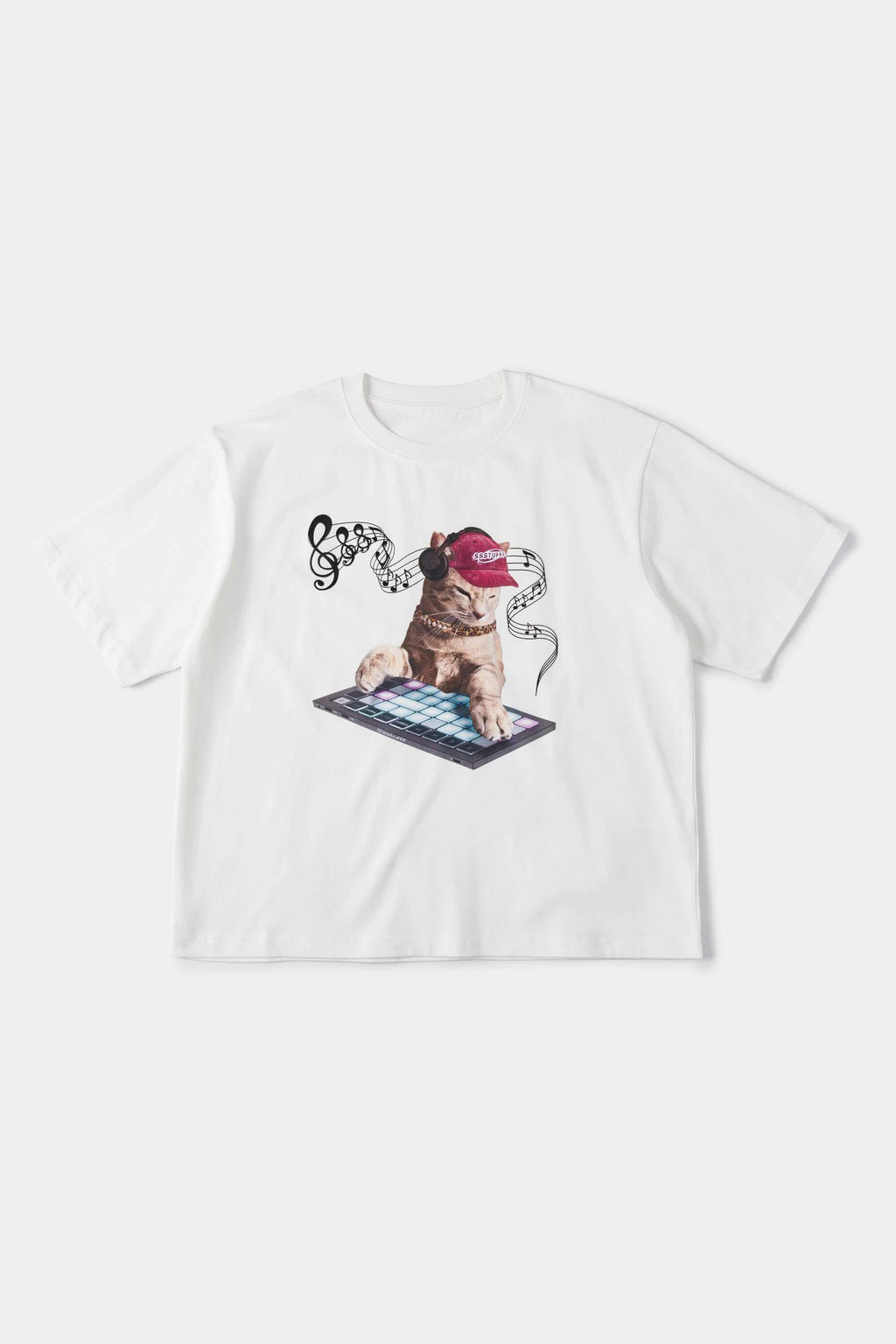 White t-shirt with embroidered SSSTUFFF logo and silicone-printed musical notes