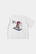 White t-shirt with embroidered SSSTUFFF logo and silicone-printed musical notes