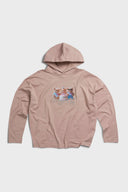 Beige hooded long sleeve t-shirt with three bears graphic in digital print and embroidery