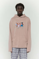 Beige hooded long sleeve t-shirt with three bears graphic in digital print and embroidery