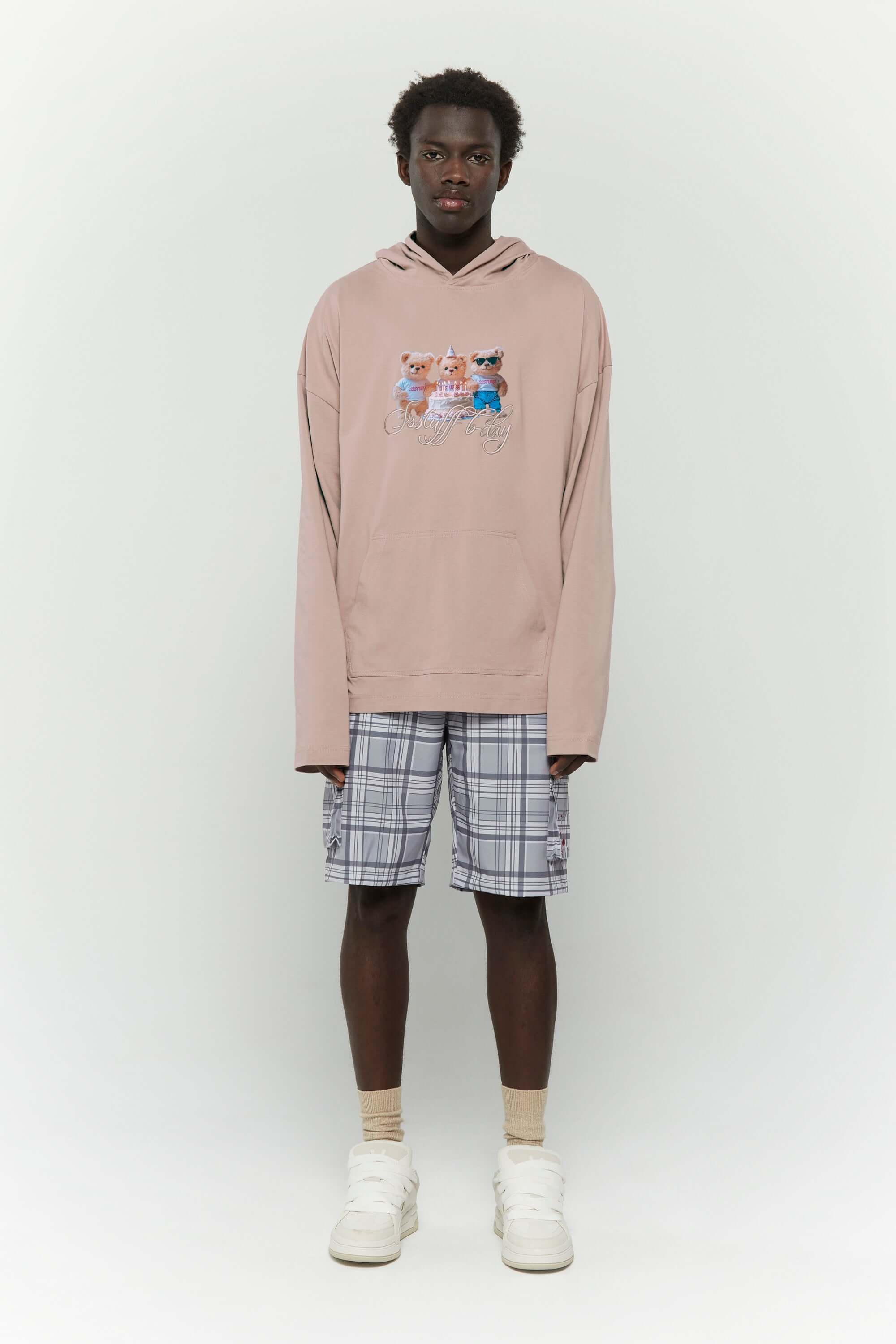 Beige hooded long sleeve t-shirt with three bears graphic in digital print and embroidery