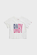 White crew neck t-shirt with the text 'BABY' digitally printed in bold letters with the American flag 