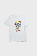 White t-shirt with colorful birthday balloons and gift graphic in CMYK screenprint"