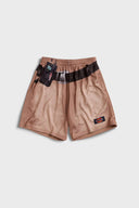 Beige mesh shorts with all-over cassette player and belt sublimation print