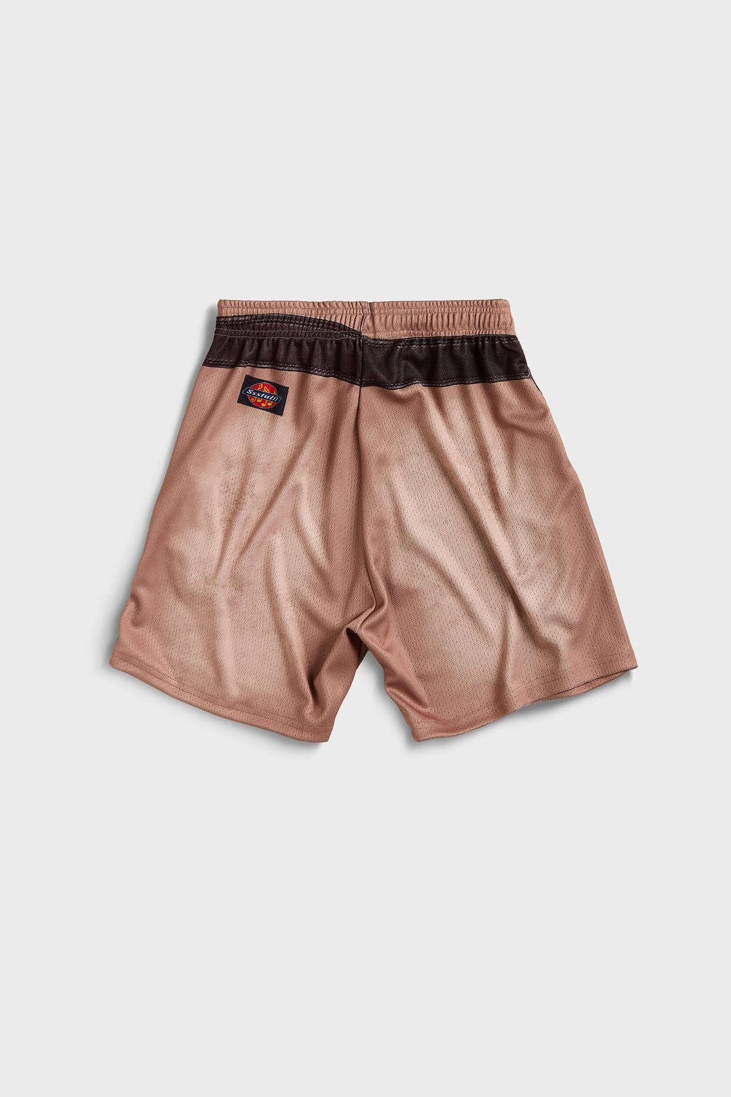 Beige mesh shorts with all-over cassette player and belt sublimation print