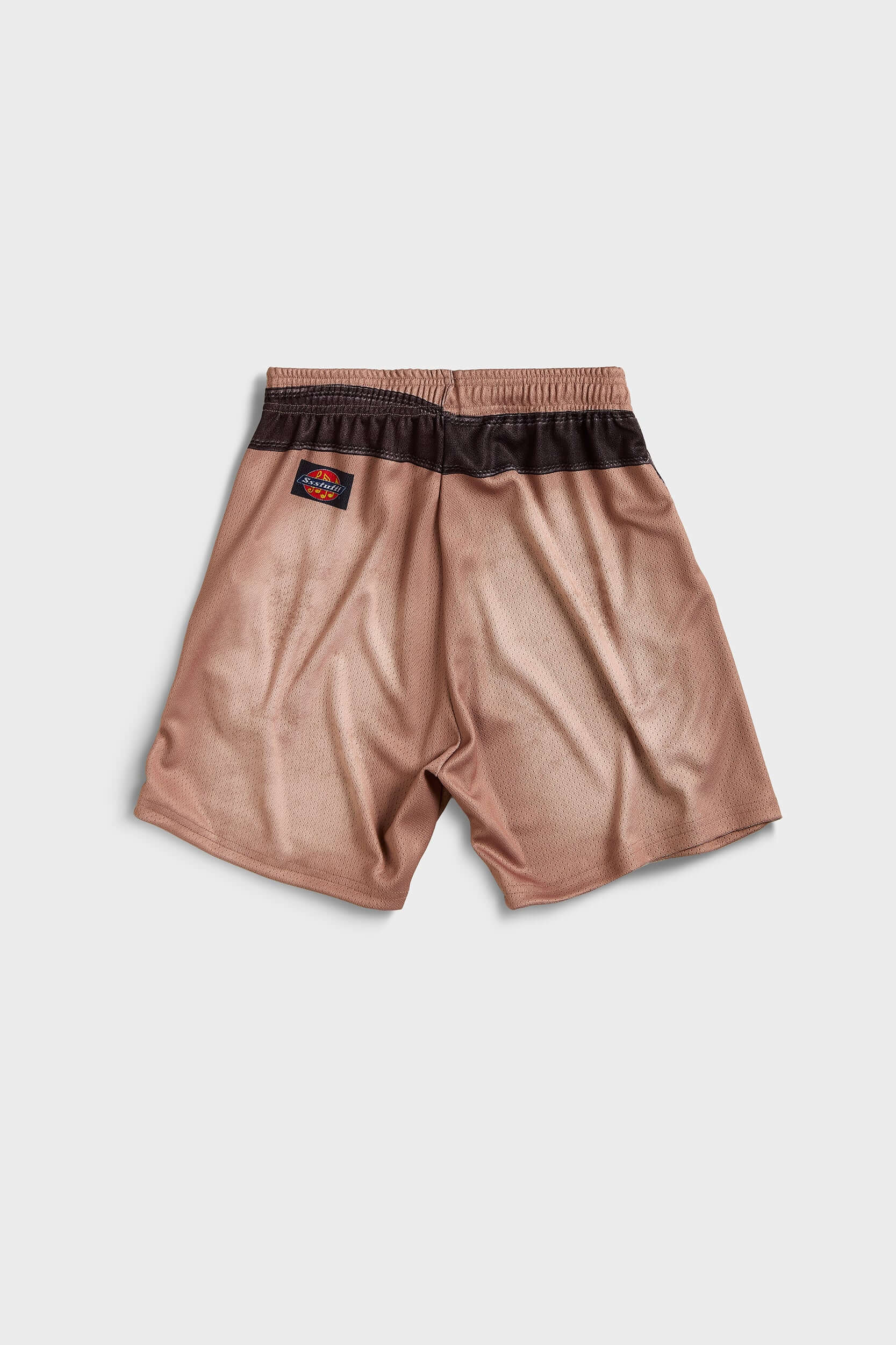 Beige mesh shorts with all-over cassette player and belt sublimation print