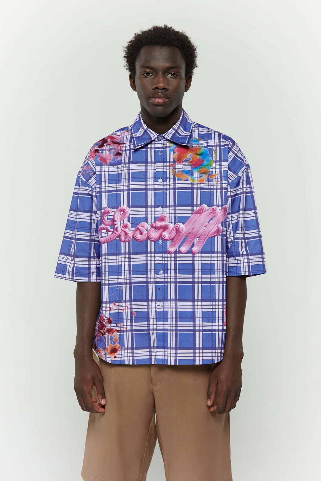 Blue checkered shirt  with colorful cake stain digital print inspired by birthday parties