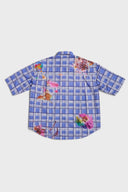 Blue checkered shirt  with colorful cake stain digital print inspired by birthday parties