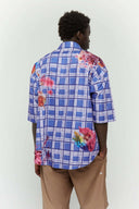 Blue checkered shirt  with colorful cake stain digital print inspired by birthday parties