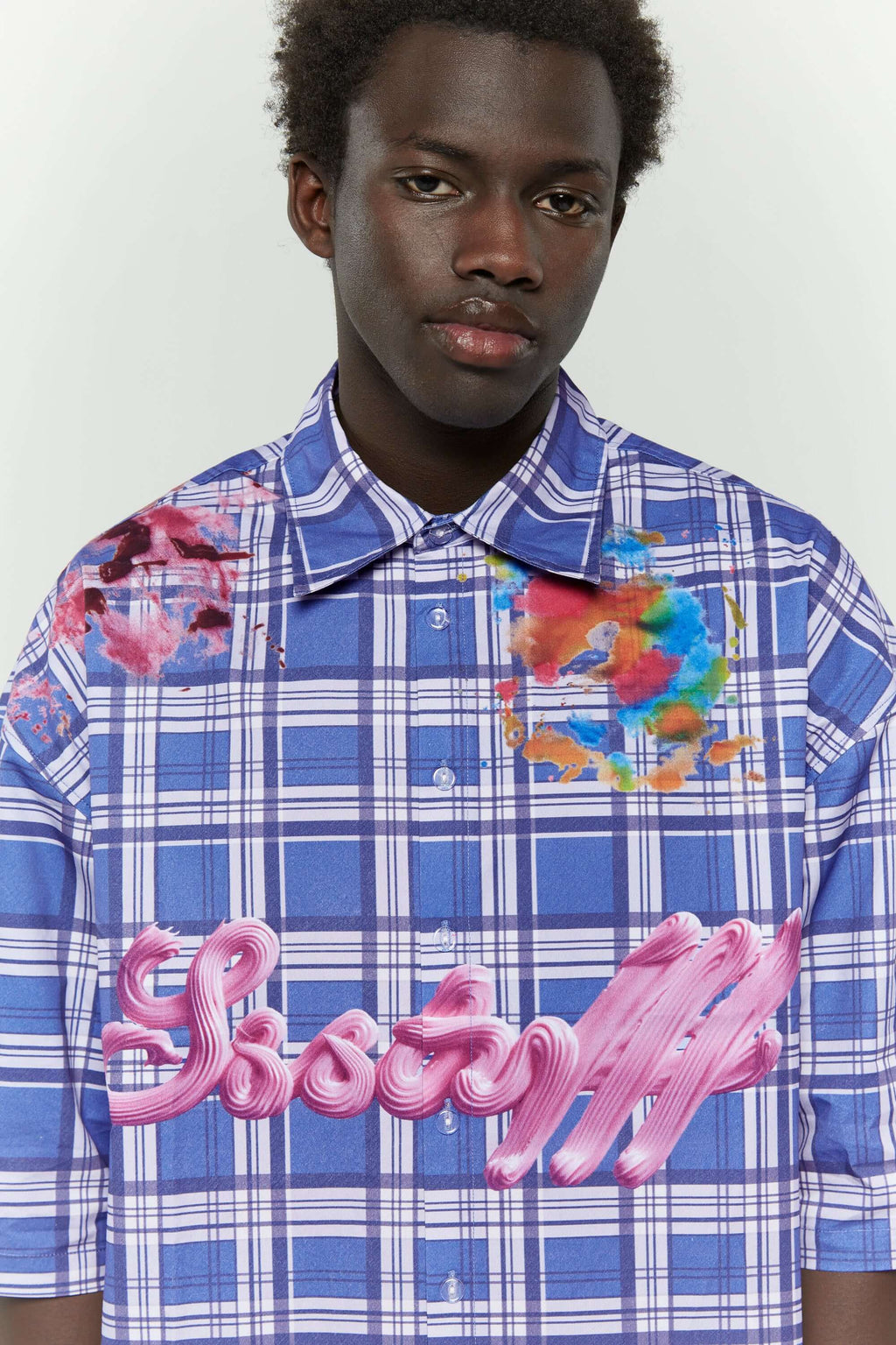 Blue checkered shirt  with colorful cake stain digital print inspired by birthday parties
