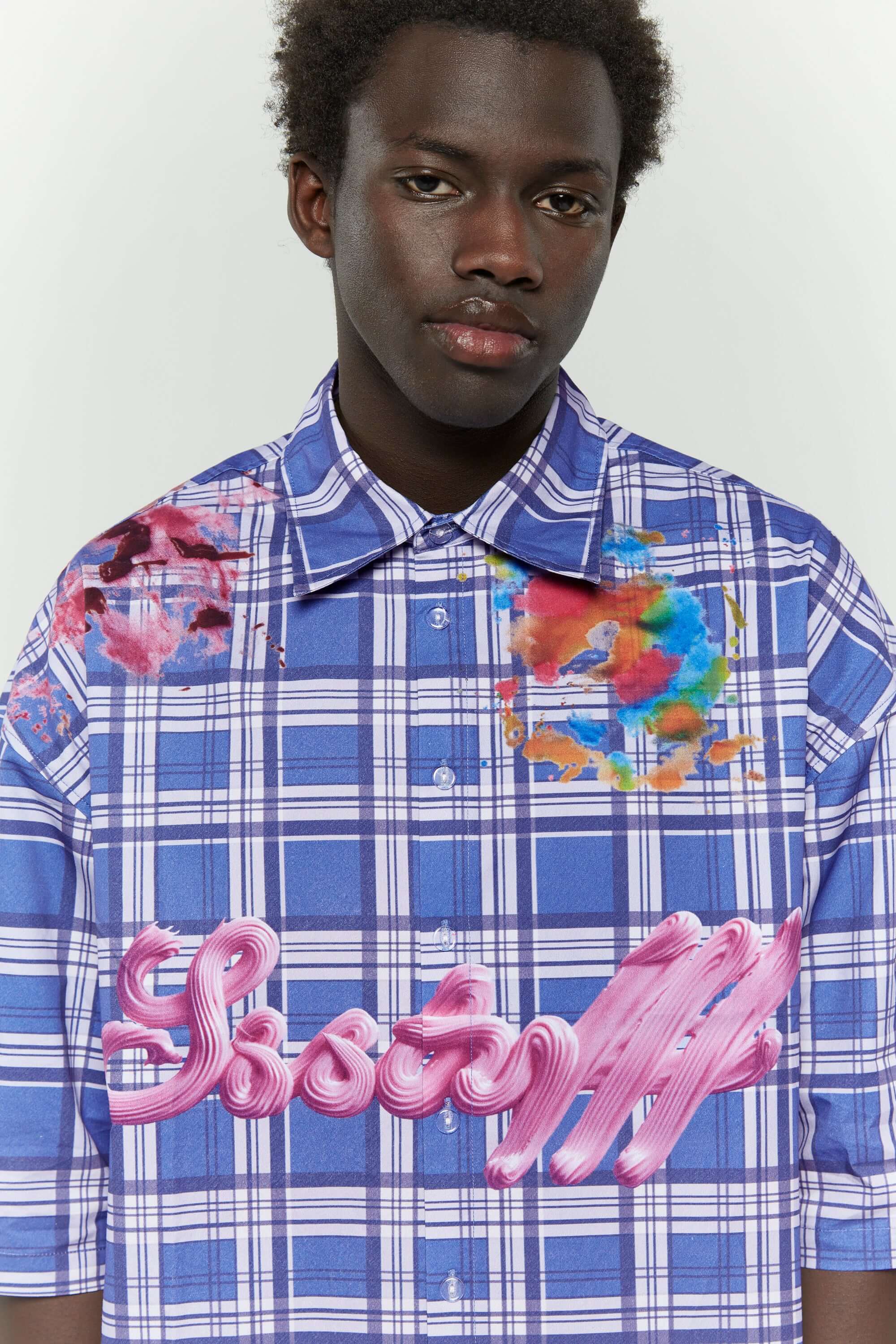 Blue checkered shirt  with colorful cake stain digital print inspired by birthday parties