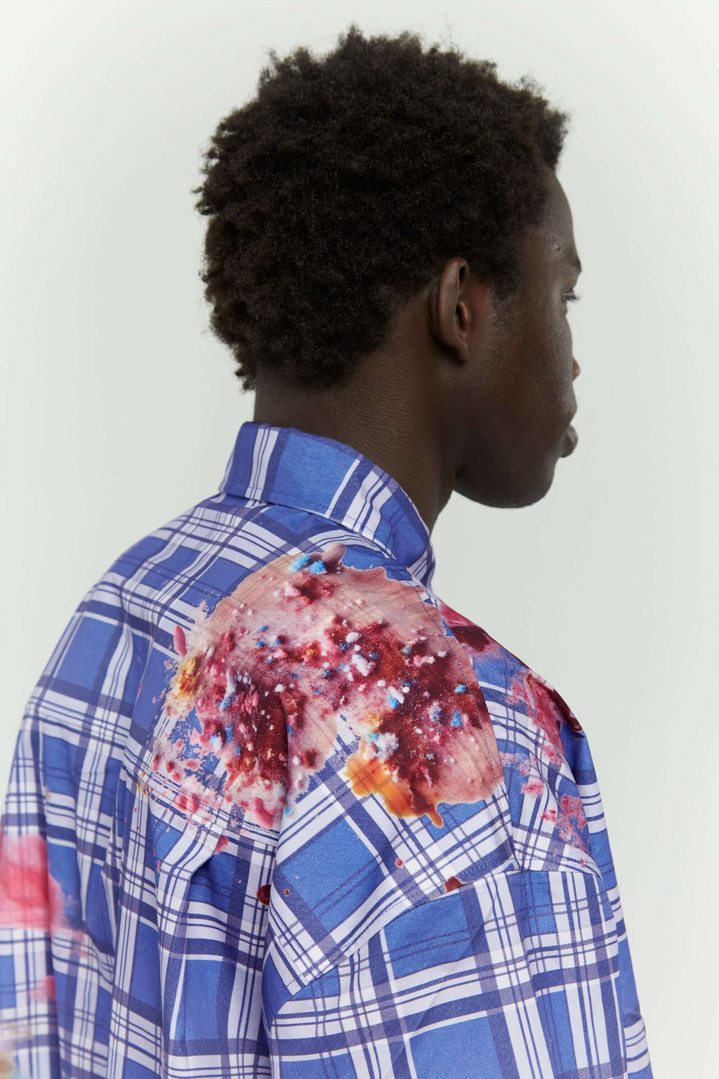 Blue checkered shirt  with colorful cake stain digital print inspired by birthday parties