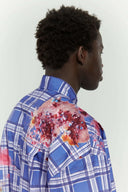 Blue checkered shirt  with colorful cake stain digital print inspired by birthday parties