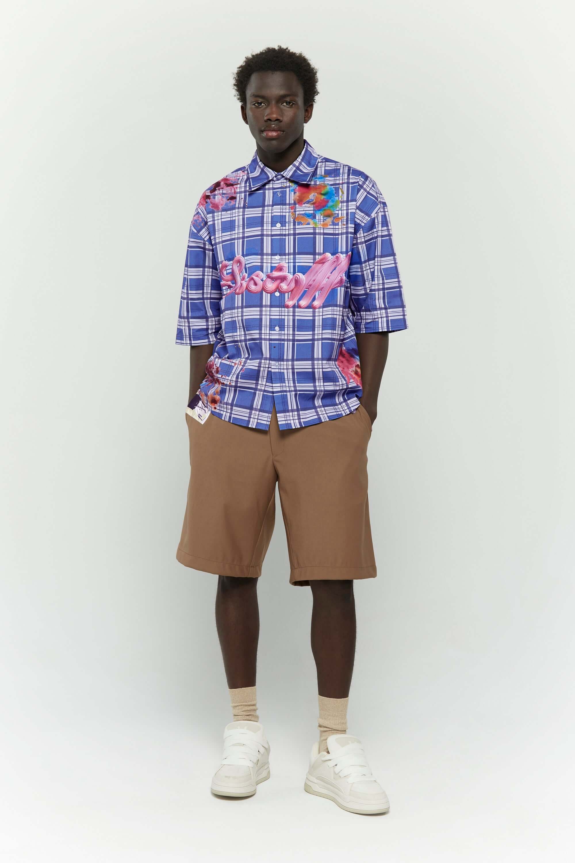 Blue checkered shirt  with colorful cake stain digital print inspired by birthday parties