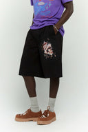 Black cotton shorts with deformed cake digital print and 3D silicone SSSTUFFF logo on the back