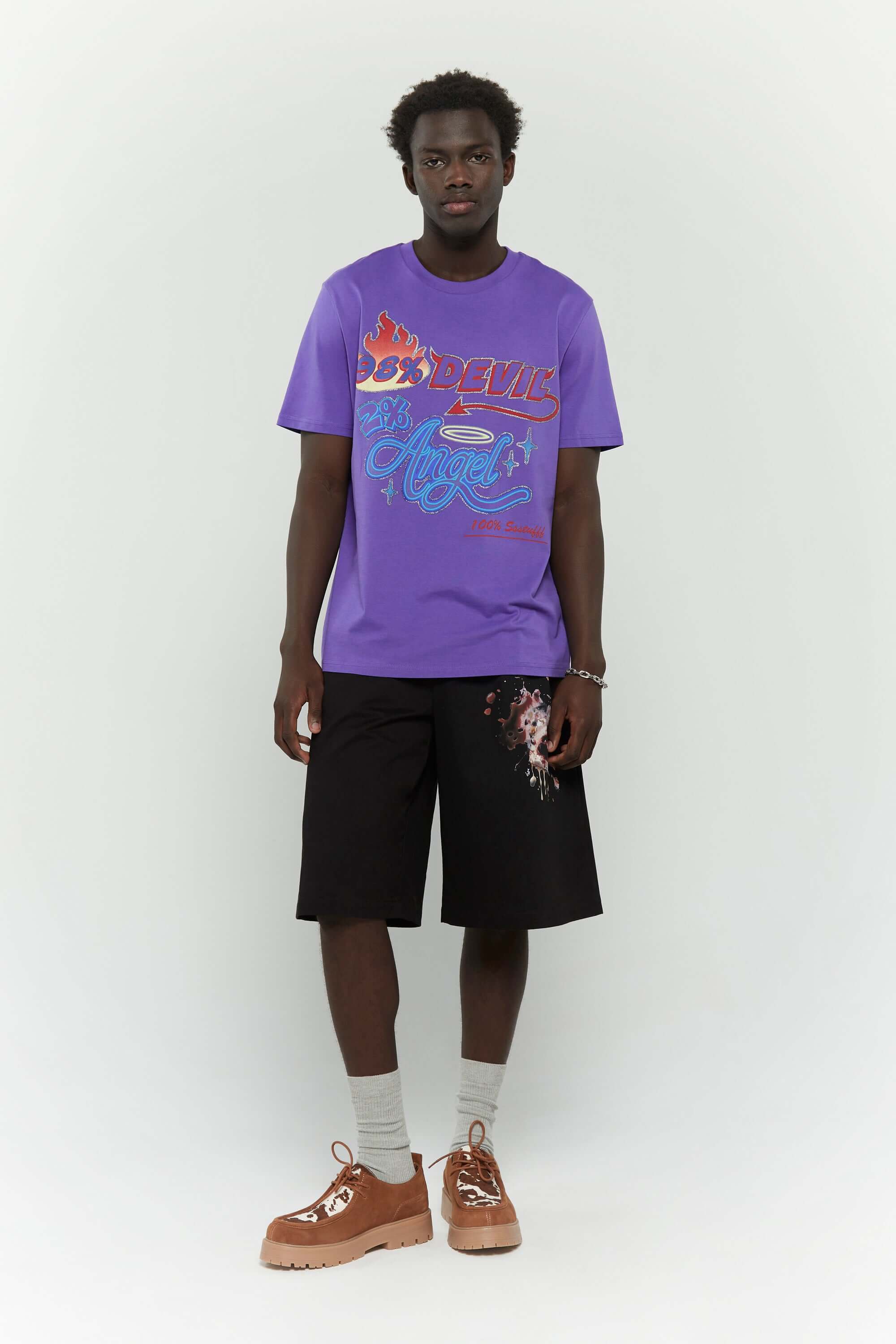Black cotton shorts with deformed cake digital print and 3D silicone SSSTUFFF logo on the back