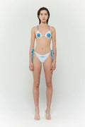 White bikini with colorful blue gift bow digital print inspired by birthday presents