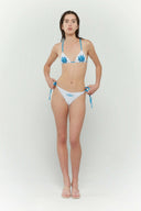 White bikini with colorful blue gift bow digital print inspired by birthday presents