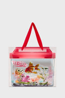 White cardboard paper bag with goldfish tank full-color print and cotton webbing handles