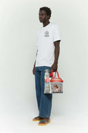 White cardboard paper bag with goldfish tank full-color print and cotton webbing handles