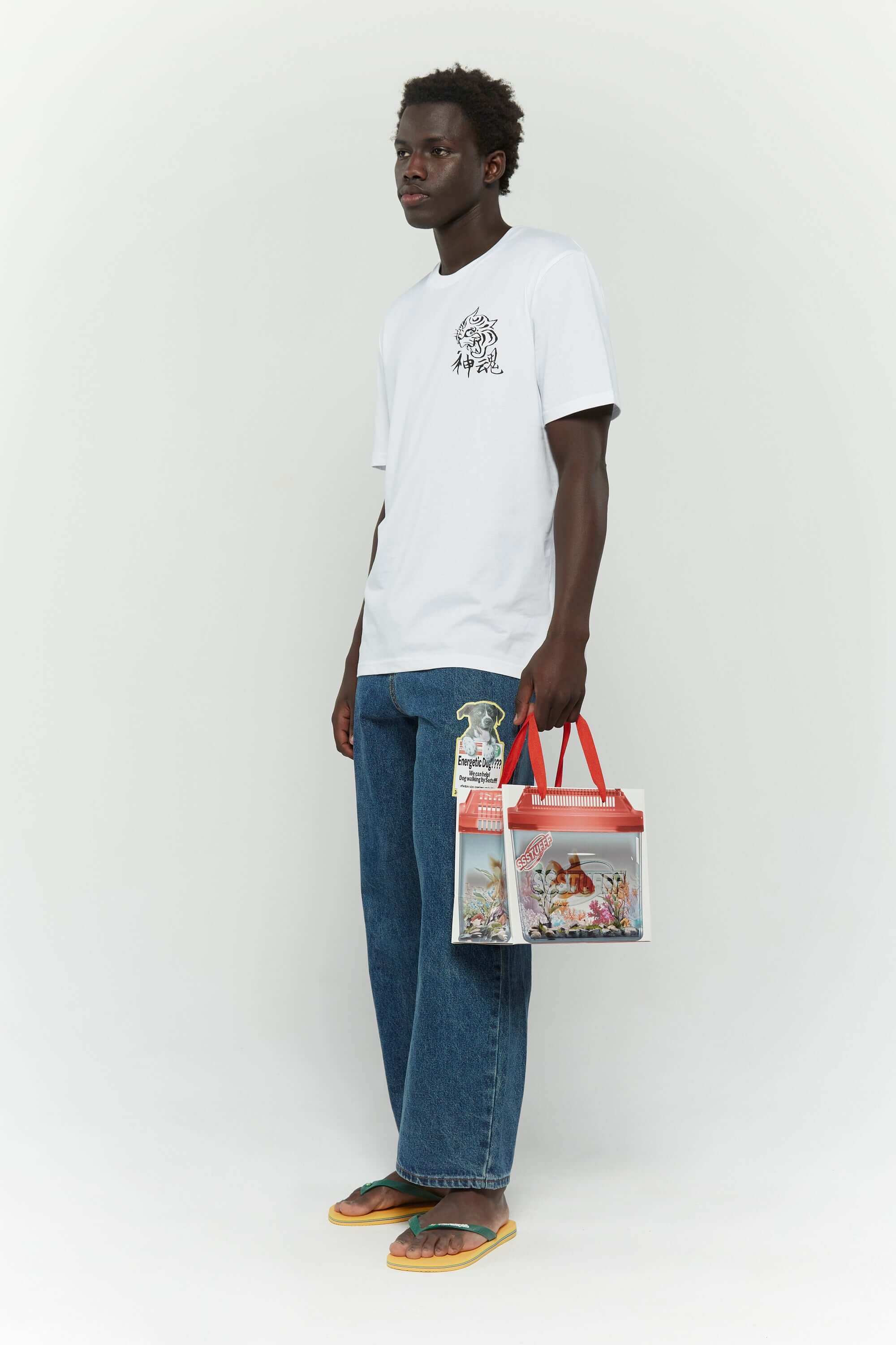 White cardboard paper bag with goldfish tank full-color print and cotton webbing handles