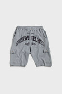 Grey waffle cotton cargo shorts with 'Always Overwhelmed' screenprint and collegiate-style design