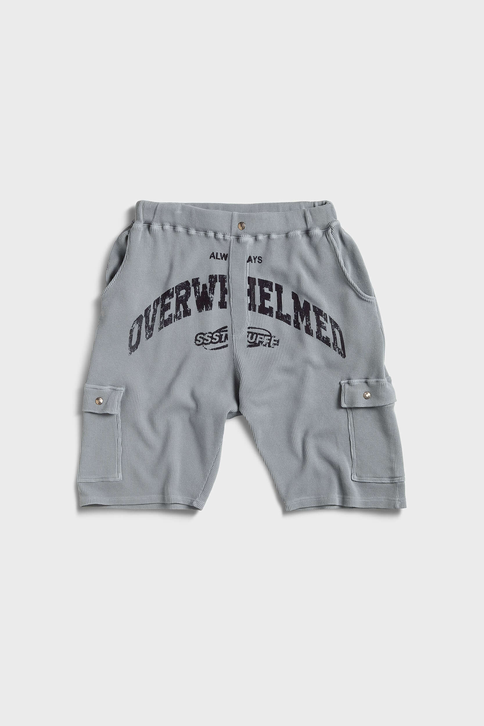 Grey waffle cotton cargo shorts with 'Always Overwhelmed' screenprint and collegiate-style design