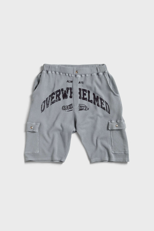 Grey waffle cotton cargo shorts with 'Always Overwhelmed' screenprint and collegiate-style design