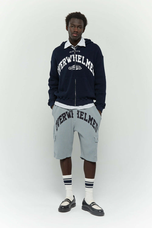 Grey waffle cotton cargo shorts with 'Always Overwhelmed' screenprint and collegiate-style design