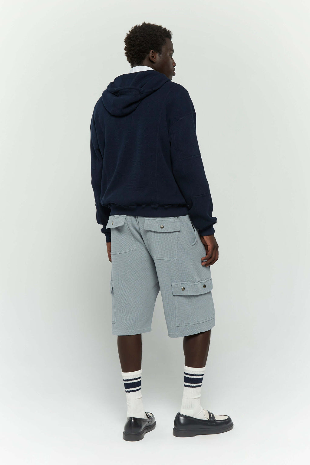 Grey waffle cotton cargo shorts with 'Always Overwhelmed' screenprint and collegiate-style design