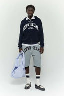 Grey waffle cotton cargo shorts with 'Always Overwhelmed' screenprint and collegiate-style design