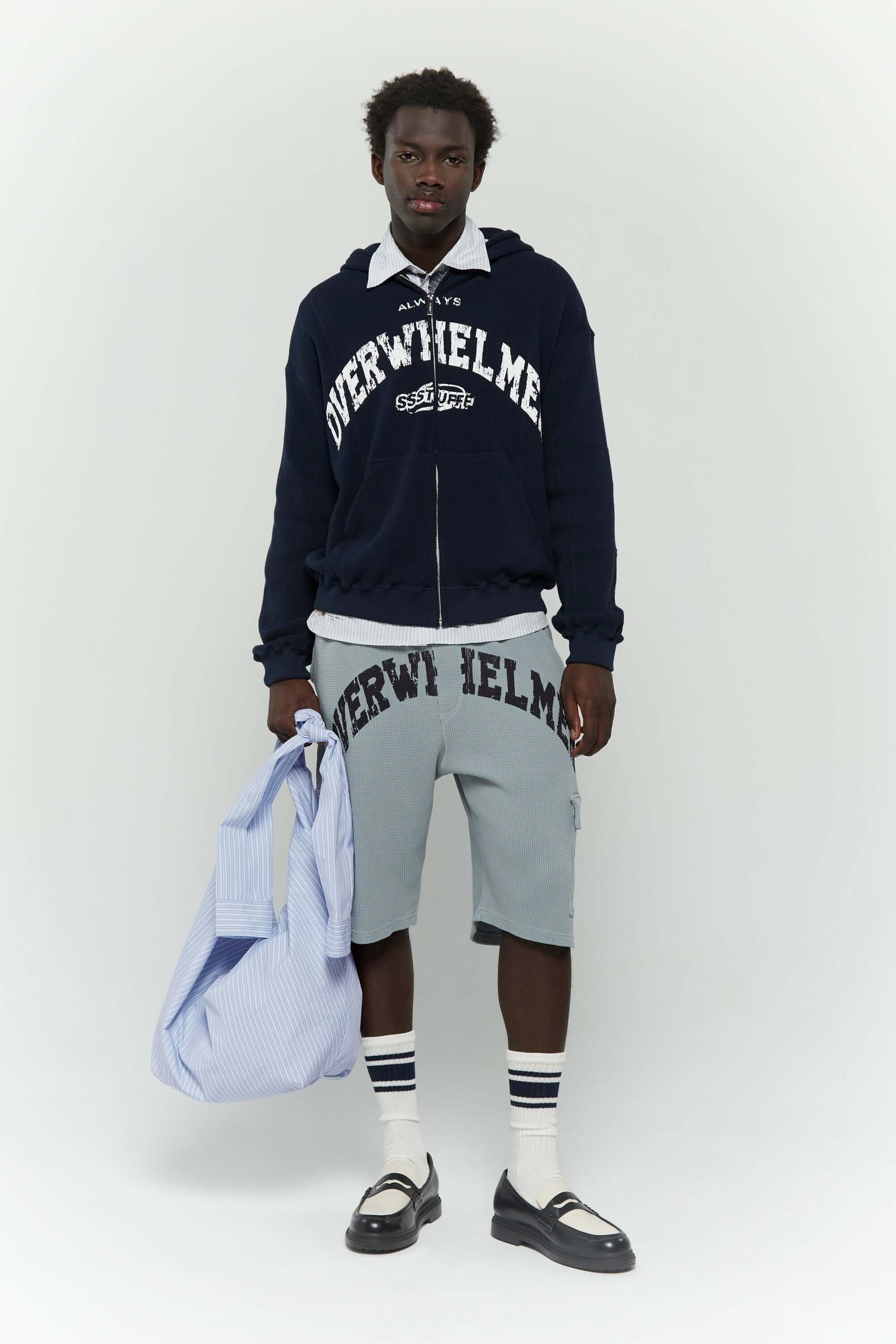 Grey waffle cotton cargo shorts with 'Always Overwhelmed' screenprint and collegiate-style design