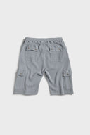 Grey waffle cotton cargo shorts with 'Always Overwhelmed' screenprint and collegiate-style design