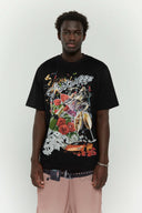 Black t-shirt with party graphics in digital print, Swarovski crystals, and silicone print